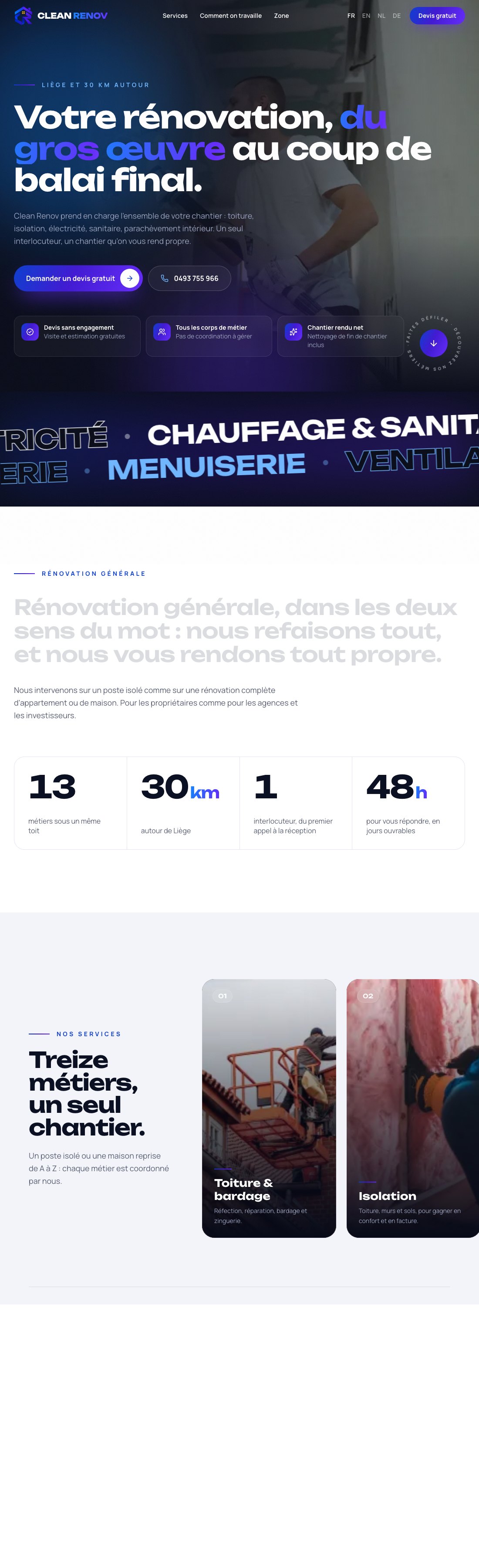 Preview of the website of the Clean Renov renovation company in Liège